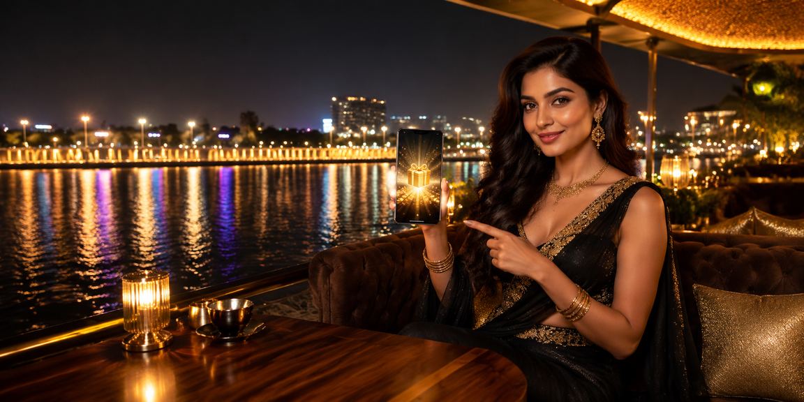 Night view of Ahmedabad riverfront with young man betting online