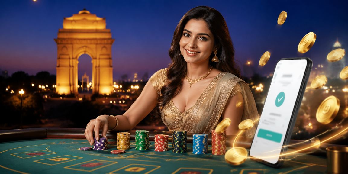 Evening view of India Gate with a model playing baccarat in India