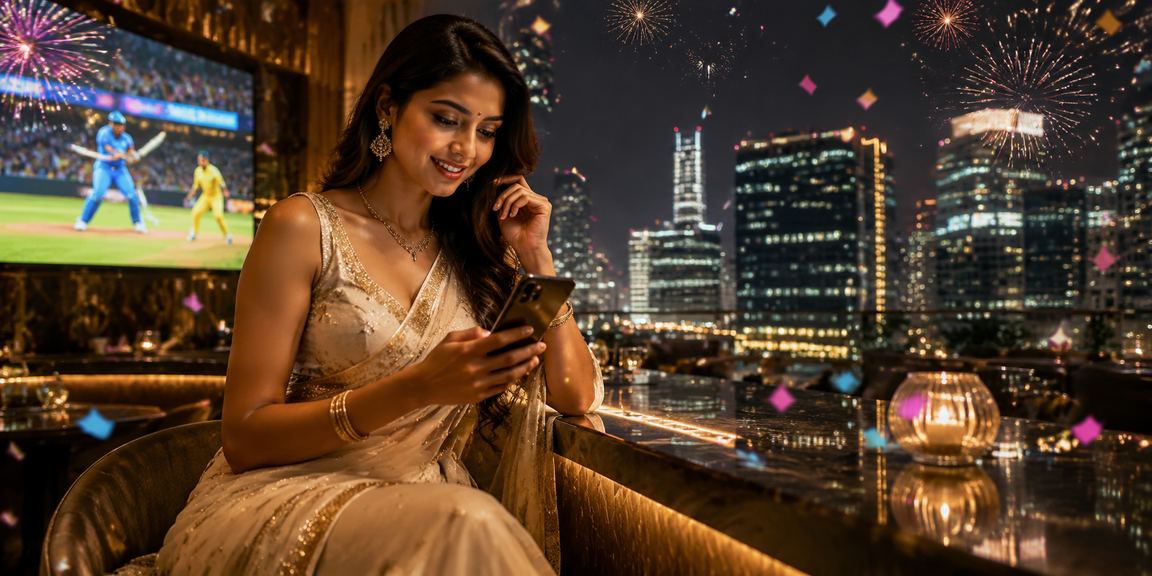 Woman betting on cricket on mobile at night in India